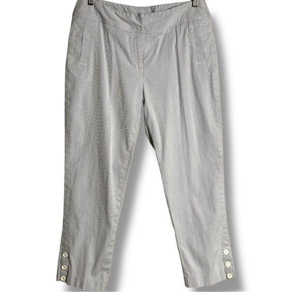 Rafaella Blue and White Pinstriped High Rise Cropped Capri Trousers with Buttons - Picture 2 of 16